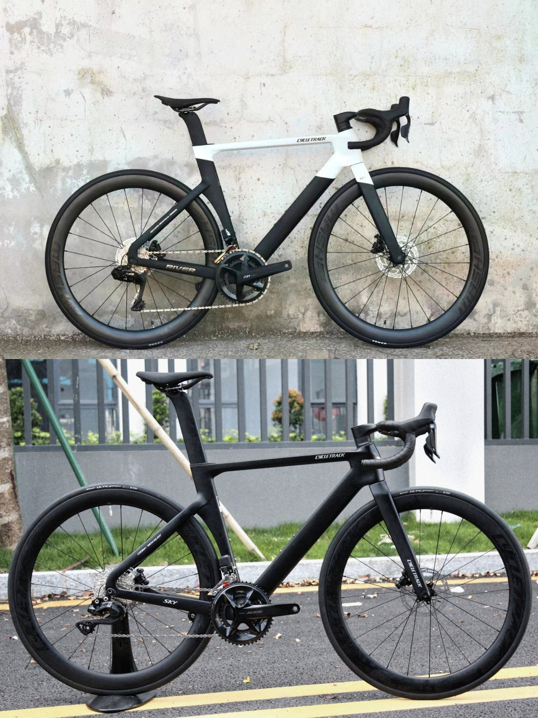 Cycletrack carbon road bike: What is the same and different between model sky shimano R7170 and model river